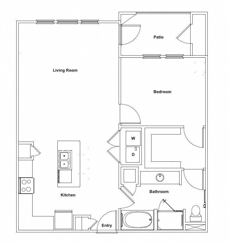 Floor plan for 1 bed, 1 bath, 886 sqft